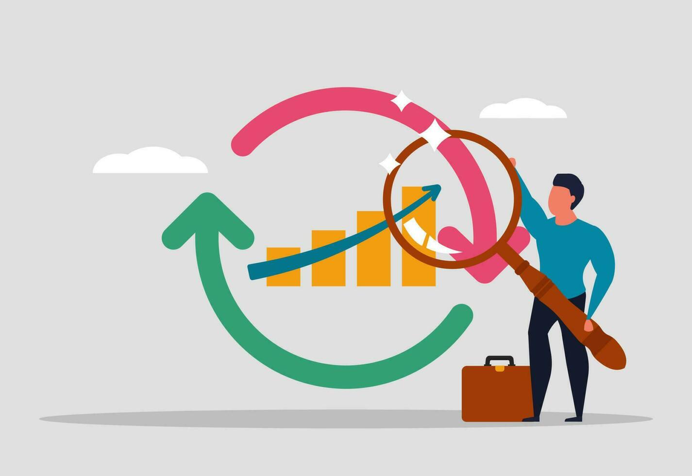 The economic cycle of obtaining company income. A man under a magnifying glass studies charts and finances. Statistics and analysis of financial data. Stock market diagram. Vector illustration