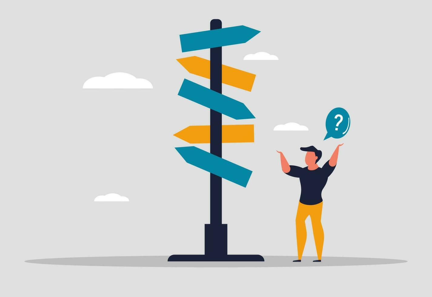 A man chooses between different options. Difficult choice before a person, to decide where to go. Difficult path and difficult choice,  man with a question mark solves the problem. Vector illustration