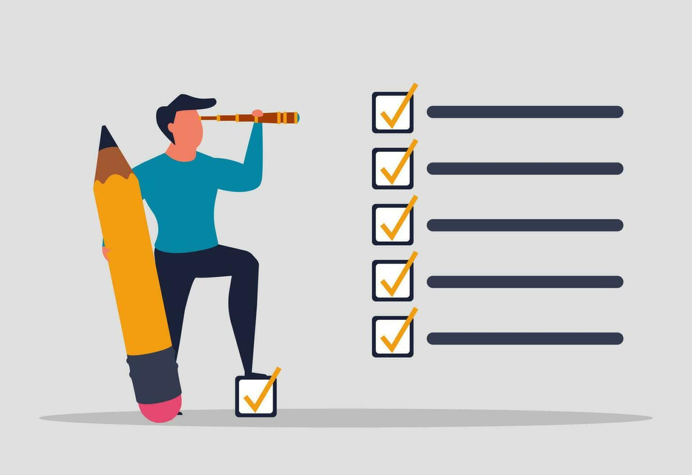 A man performs tasks, completing assignments to the end. List of cases or tasks, business project implementation. The man holds a pencil and marks the completed items of the task. Vector illustration