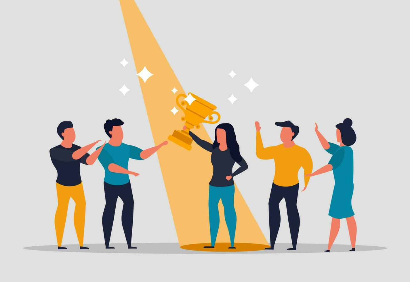 Successful woman leader and woman manager. The team congratulates their boss. A woman holds a trophy with the support of the team. Vector illustration
