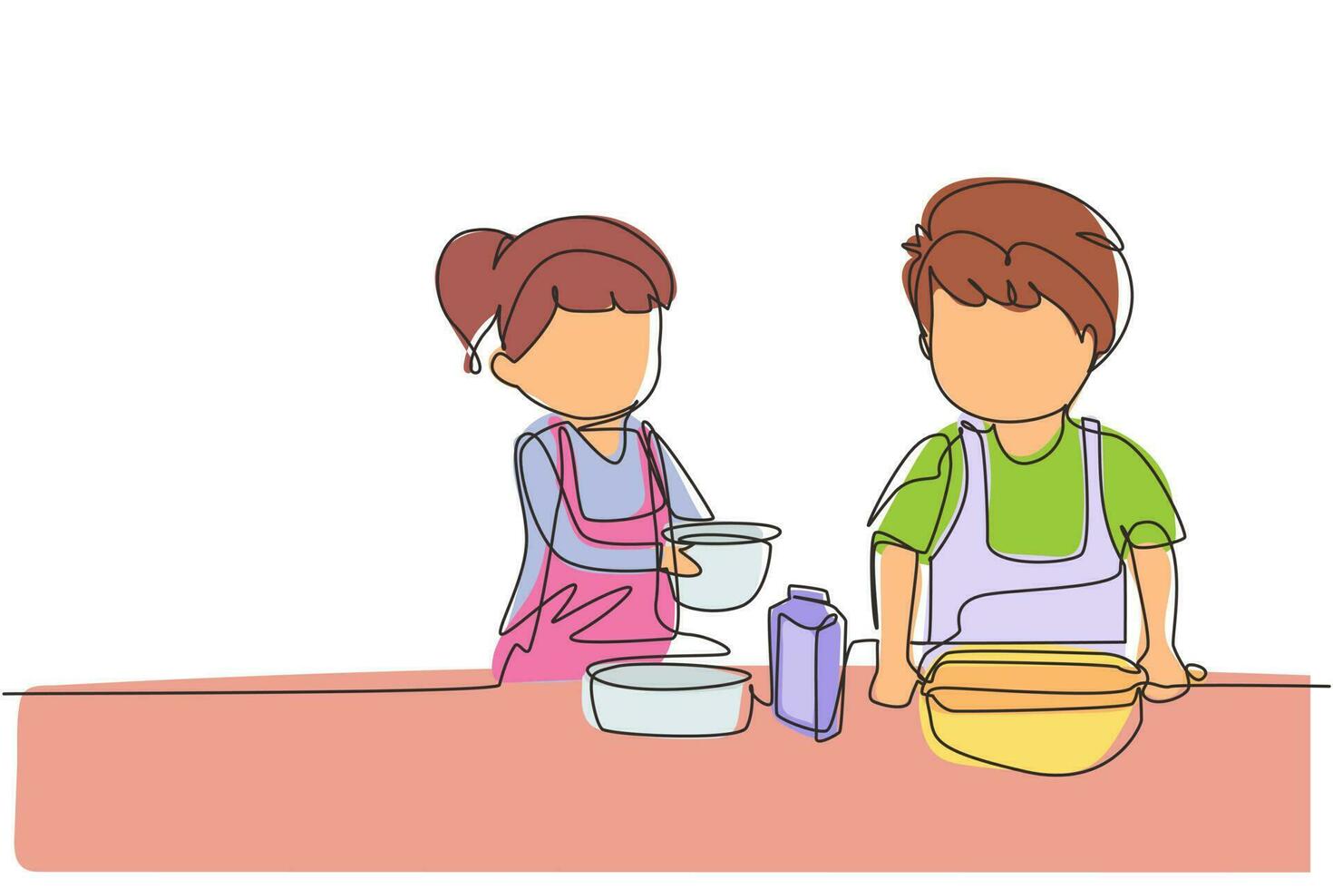 Continuous one line drawing siblings boy and girl baking together with rolling pin at kitchen counter. Happy kids making homemade bakery at home. Single line draw design vector graphic illustration