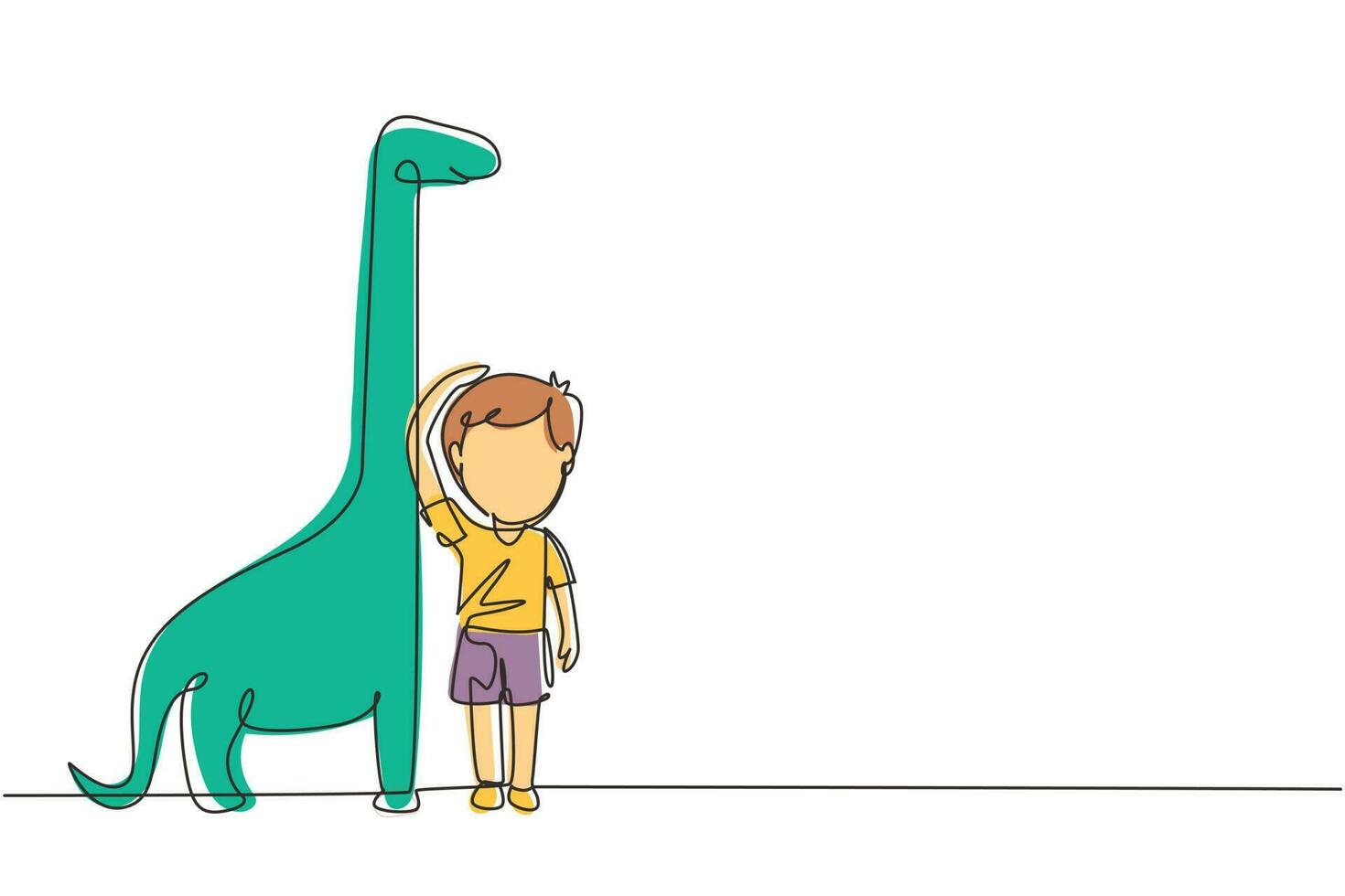 Single continuous line drawing little boy measuring his height with brontosaurus height chart on wall. Kid measures growth. Child measuring height. One line draw graphic design vector illustration