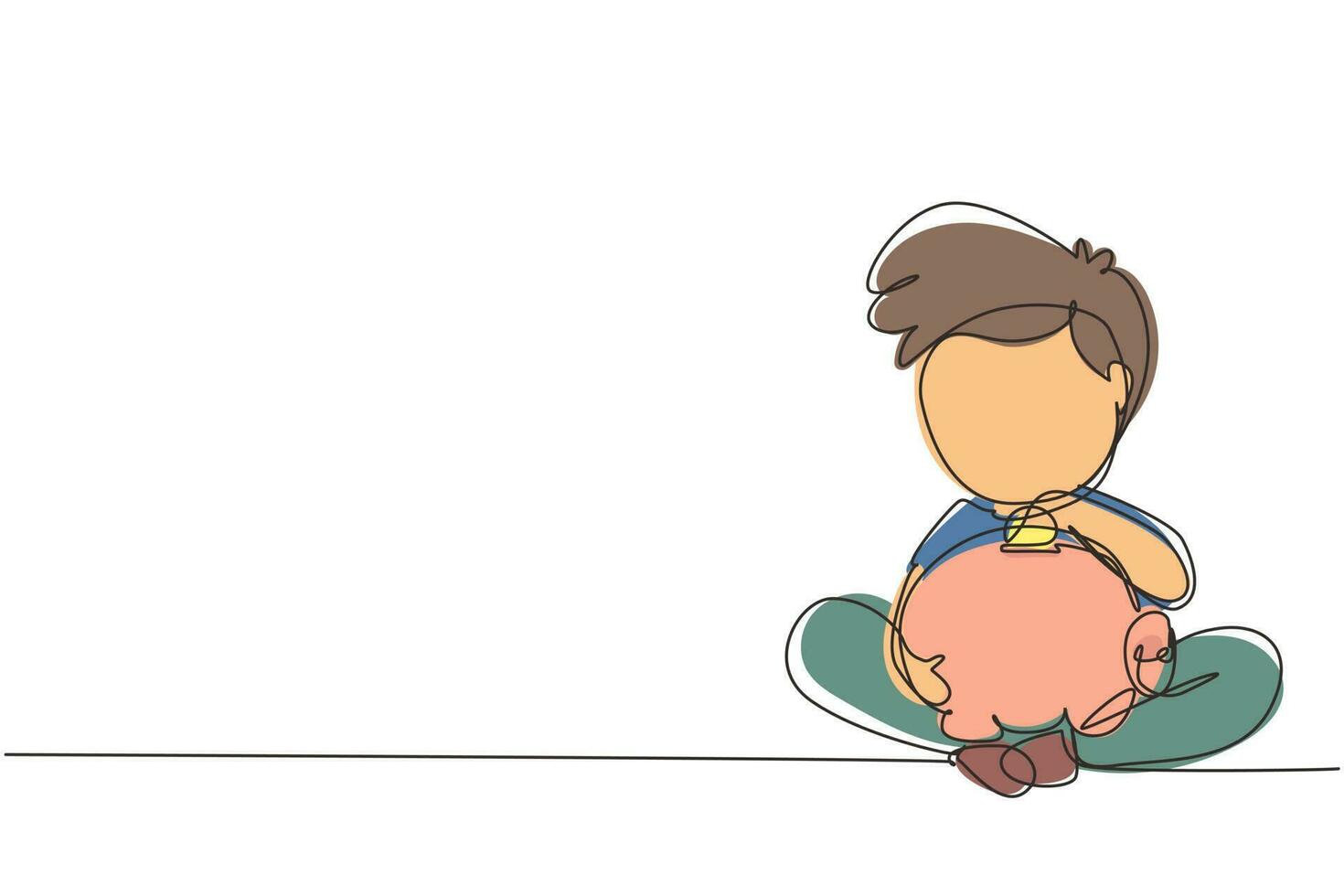 Single continuous line drawing cute little boys sitting on the floor puts coins in a piggy bank and dreams of buy something. Concept of saving money. One line draw graphic design vector illustration