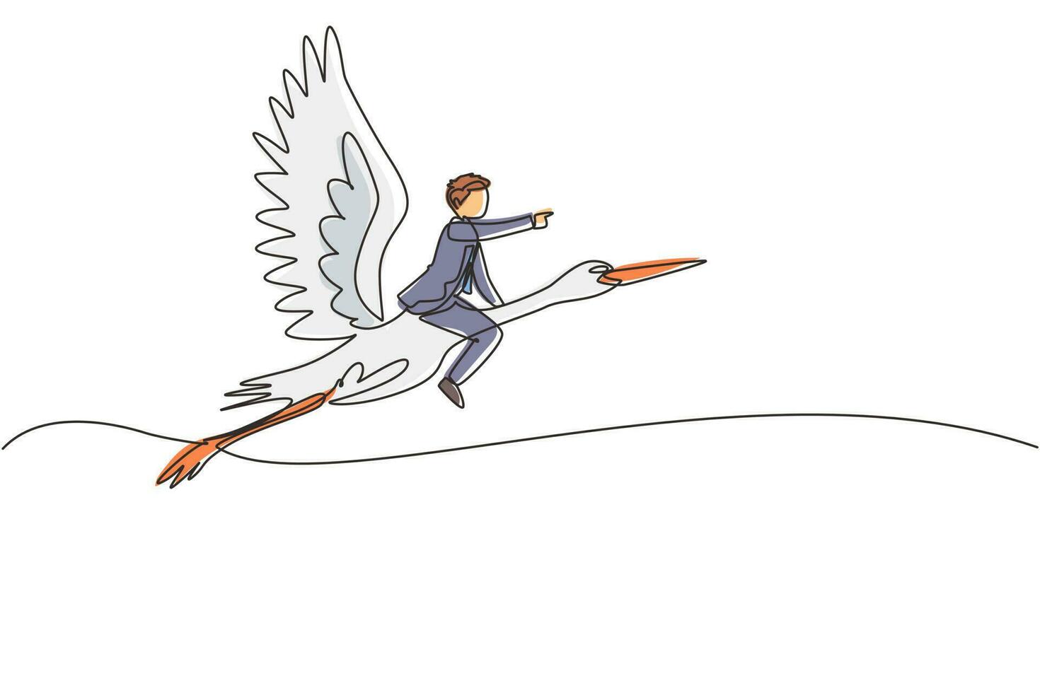Single continuous line drawing businessman riding stork symbol of success. Business metaphor concept, looking at the goal, achievement, leadership. One line draw graphic design vector illustration