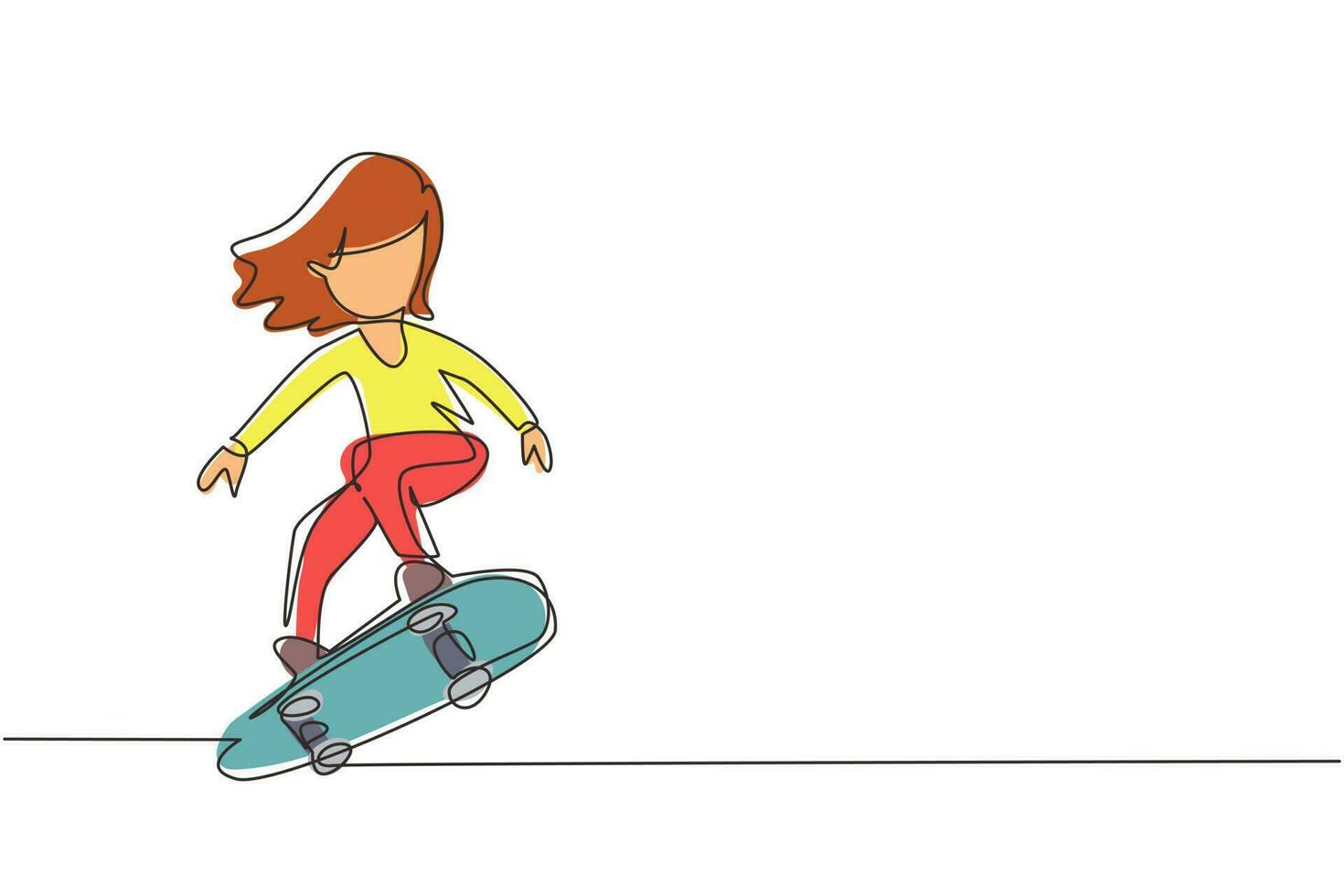 Single continuous line drawing happy smiling girl playing on skateboard. Kid accelerating doing jumping. Children on skateboarding ride at playground. One line draw graphic design vector illustration