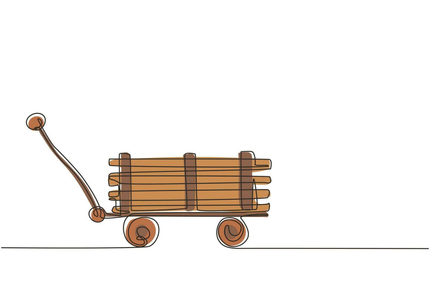 Mini vagón de juguete de dibujo continuo de una línea con madera. carretilla de granja. equipo de carro de jardín para jardinería, cosecha, plantación de plántulas. ilustración gráfica de vector de diseño de dibujo de una sola línea