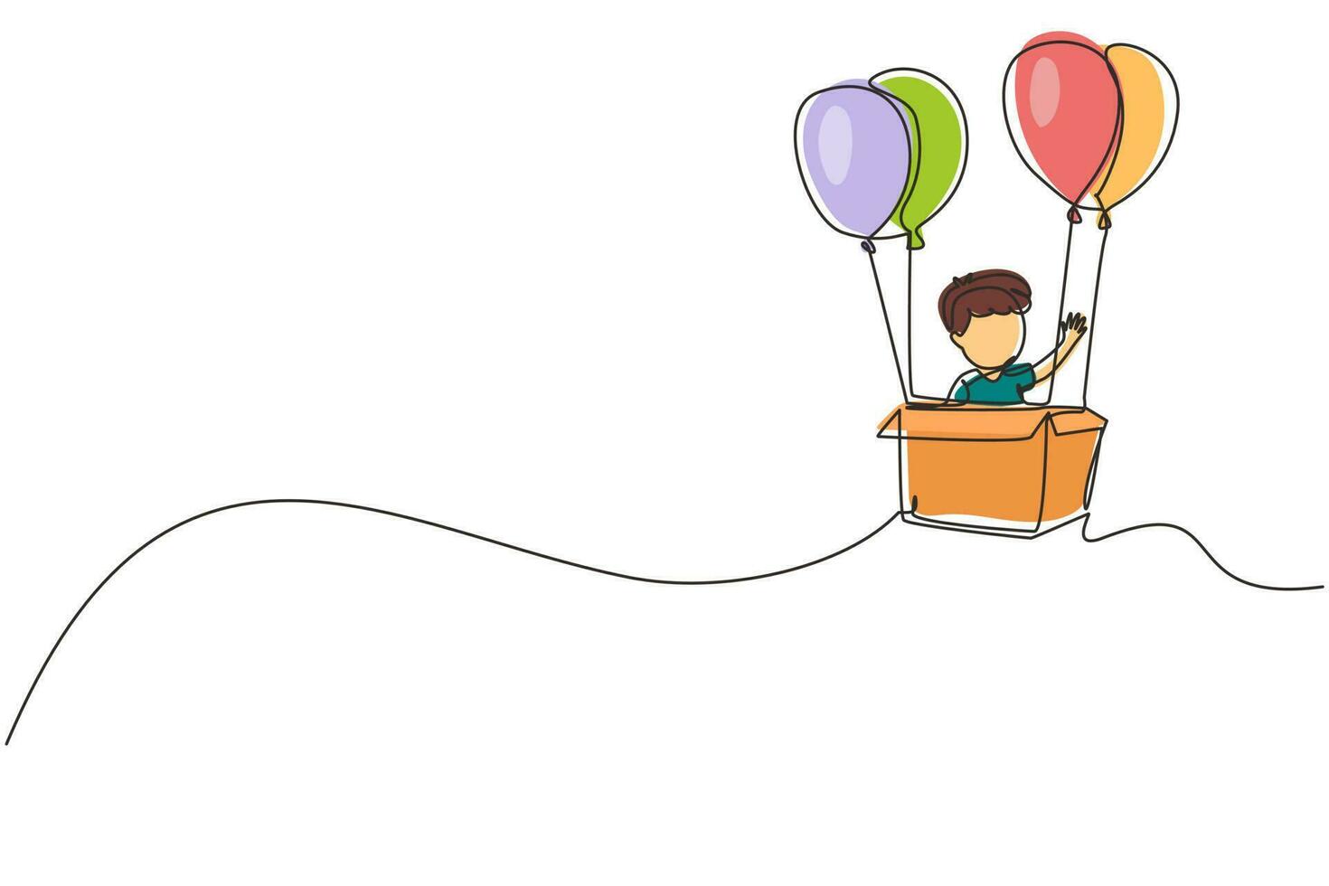 Single one line drawing cute boy sitting in cardboard box with balloons. Little pilot of hot air balloon. Creative kid character playing hot air balloon. Continuous line draw design graphic vector