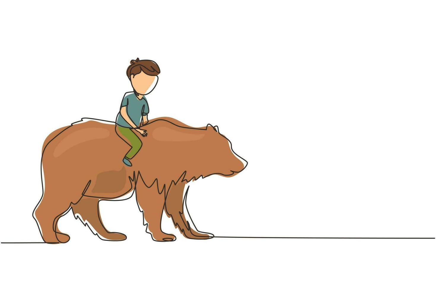 Single one line drawing happy little boy riding brown grizzly bear. Child sitting on back big bear at circus event. Kids learning to ride beast animal. Continuous line draw design graphic vector