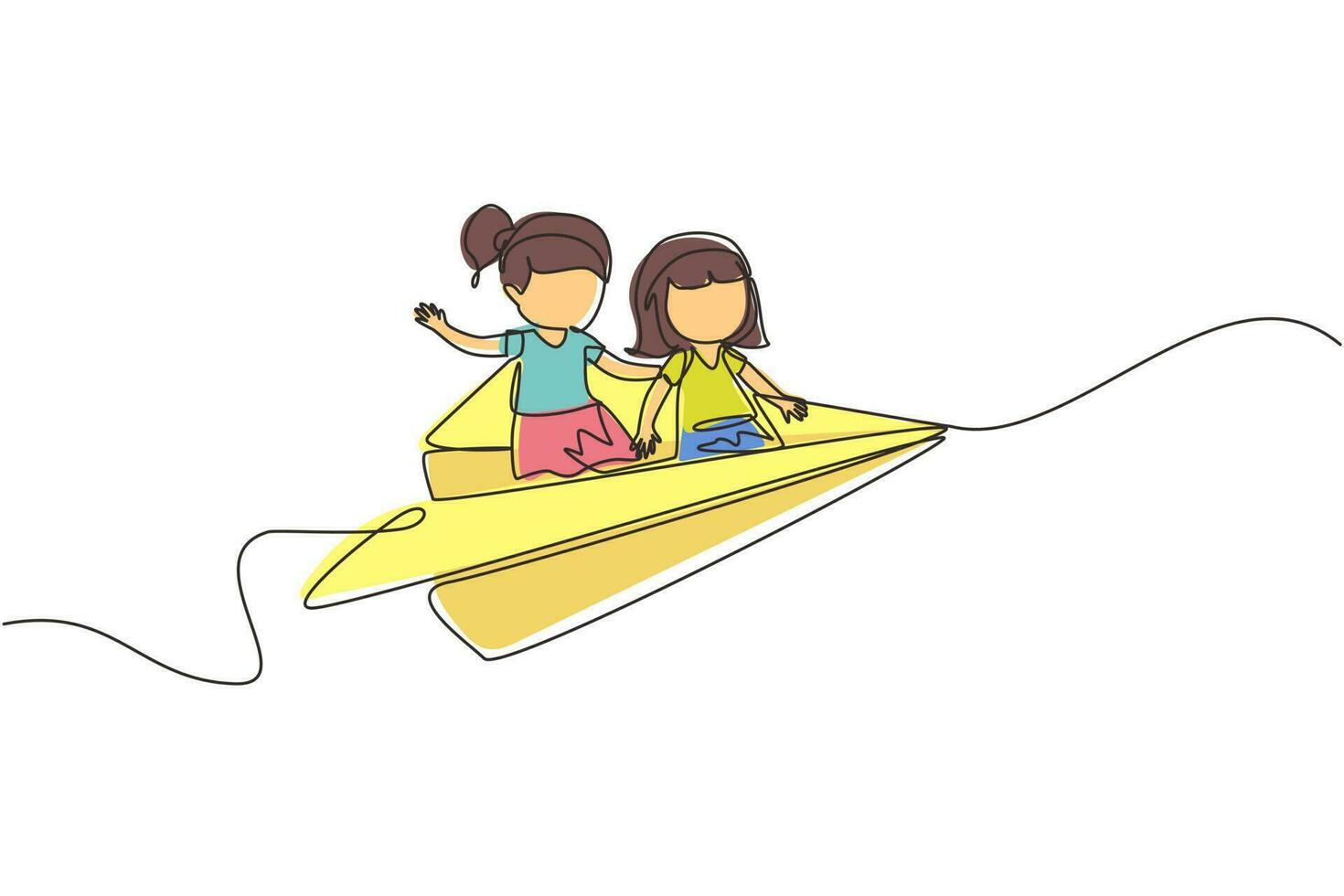 Continuous one line drawing Happy two little girls flying on paper plane. Kids flying on paper airplane together. Children back to school concept. Single line draw design vector graphic illustration