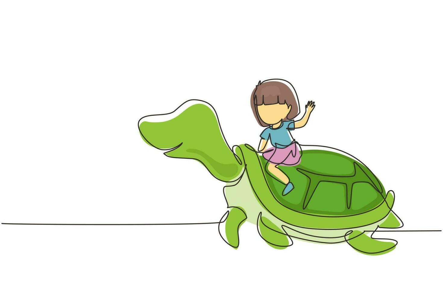 Single one line drawing little girl riding sea turtle. Child sitting on back tortoise with fins diving in beach. Kids learning to ride turtle. Continuous line draw design graphic vector illustration