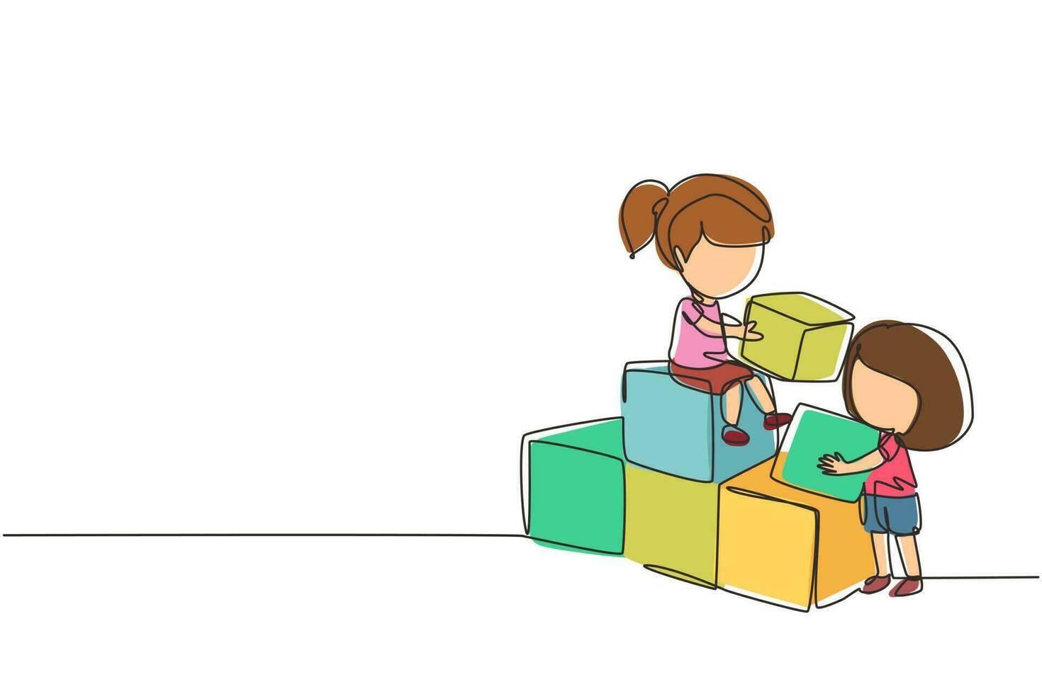 dibujo continuo de una línea dos niñas pequeñas jugando bloques juguetes de cubo juntos. juguetes educativos. niños jugando cubos de diseño, constructor de desarrollo. gráfico vectorial de diseño de dibujo de una sola línea vector