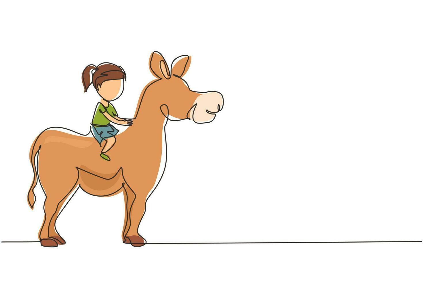 Single one line drawing happy cute girl riding cute donkey. Child sitting on back donkey with saddle in ranch park. Kid learning to ride donkey. Continuous line draw design graphic vector illustration