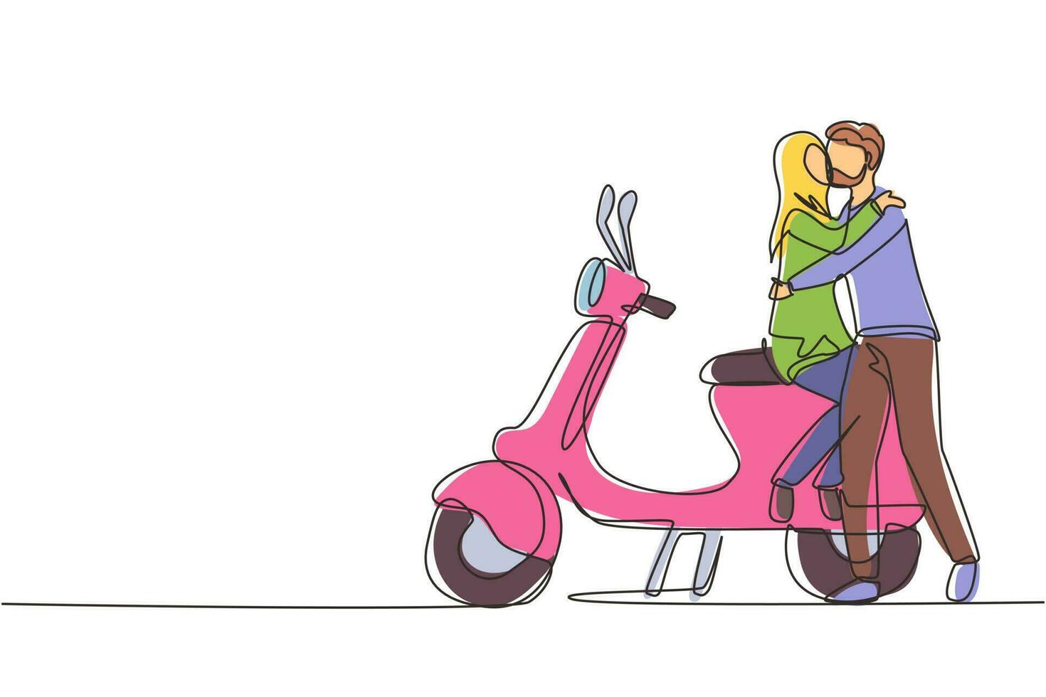 scooter de dibujo de una sola línea continua, viaje, pareja, aventura, concepto de viaje. pareja familiar viaja en scooter. hombre y mujer árabes felices andan en motocicleta. vector de diseño gráfico de dibujo dinámico de una línea