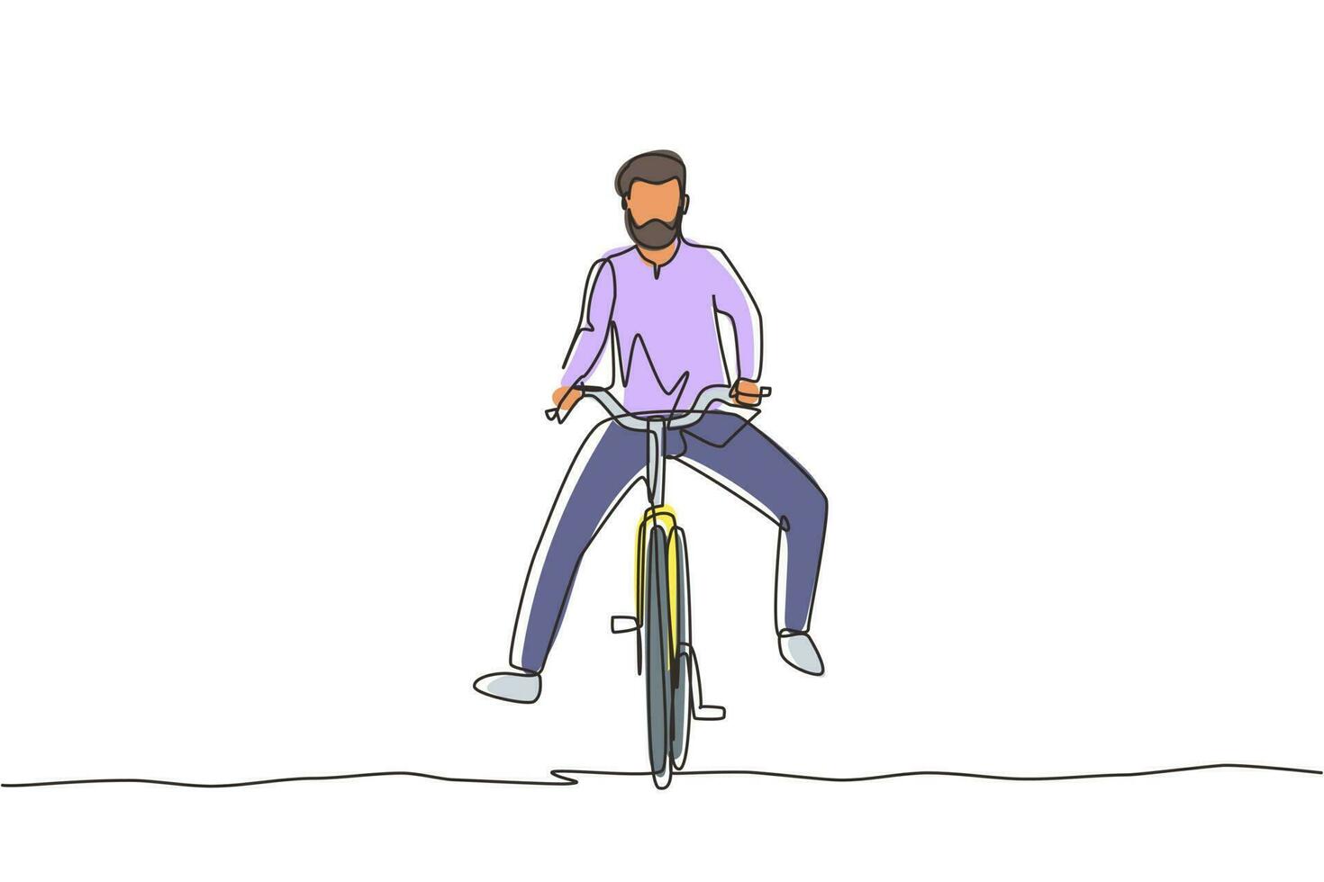 Single continuous line drawing happy Arabian man in casual clothes riding bicycle. Healthy and sport lifestyle. Ecological vehicle of transportation. One line draw graphic design vector illustration
