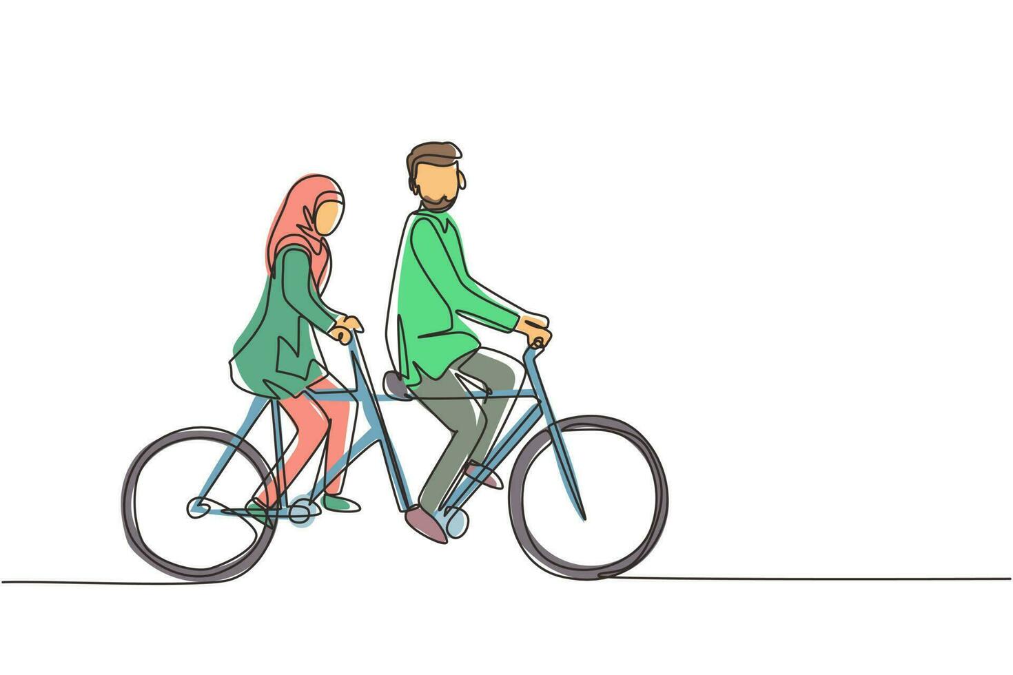 Continuous one line drawing romantic Arabic couple. Couple is riding tandem bicycle together. Happy family. Intimacy celebrates wedding anniversary. Single line draw design vector graphic illustration