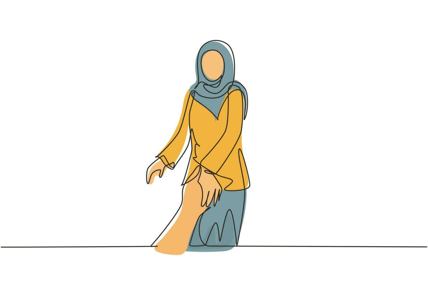 Continuous one line drawing Arabic woman walking on romantic honeymoon promenade holiday holding hand of husband following her, view from behind. Couple summer vacation. Single line draw design vector