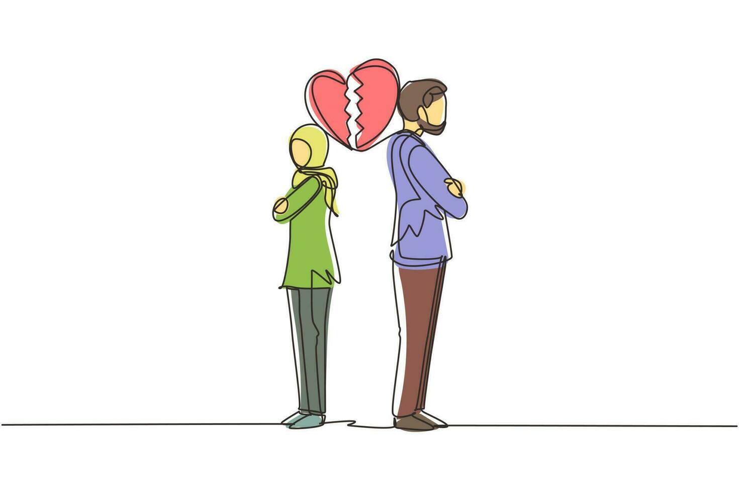 dibujo de una sola línea continua pareja o parejas árabes divorciadas están enojadas. ruptura de la relación, corazón roto, pareja en dirección opuesta. ilustración de vector de diseño gráfico de dibujo de una línea