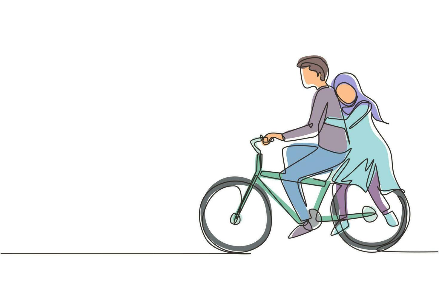 Continuous one line drawing romantic Arabian couple riding bicycle together. Happy romantic family concept. Intimacy celebrates wedding anniversary. Single line draw design vector graphic illustration