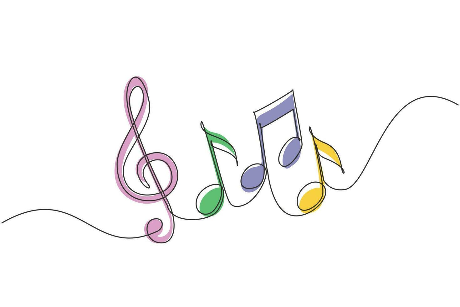 Continuous one line drawing music notes on stave. Musical symbol in one linear minimalist style. Trendy abstract wave melody. Vector outline sketch sound. Single line draw design graphic illustration