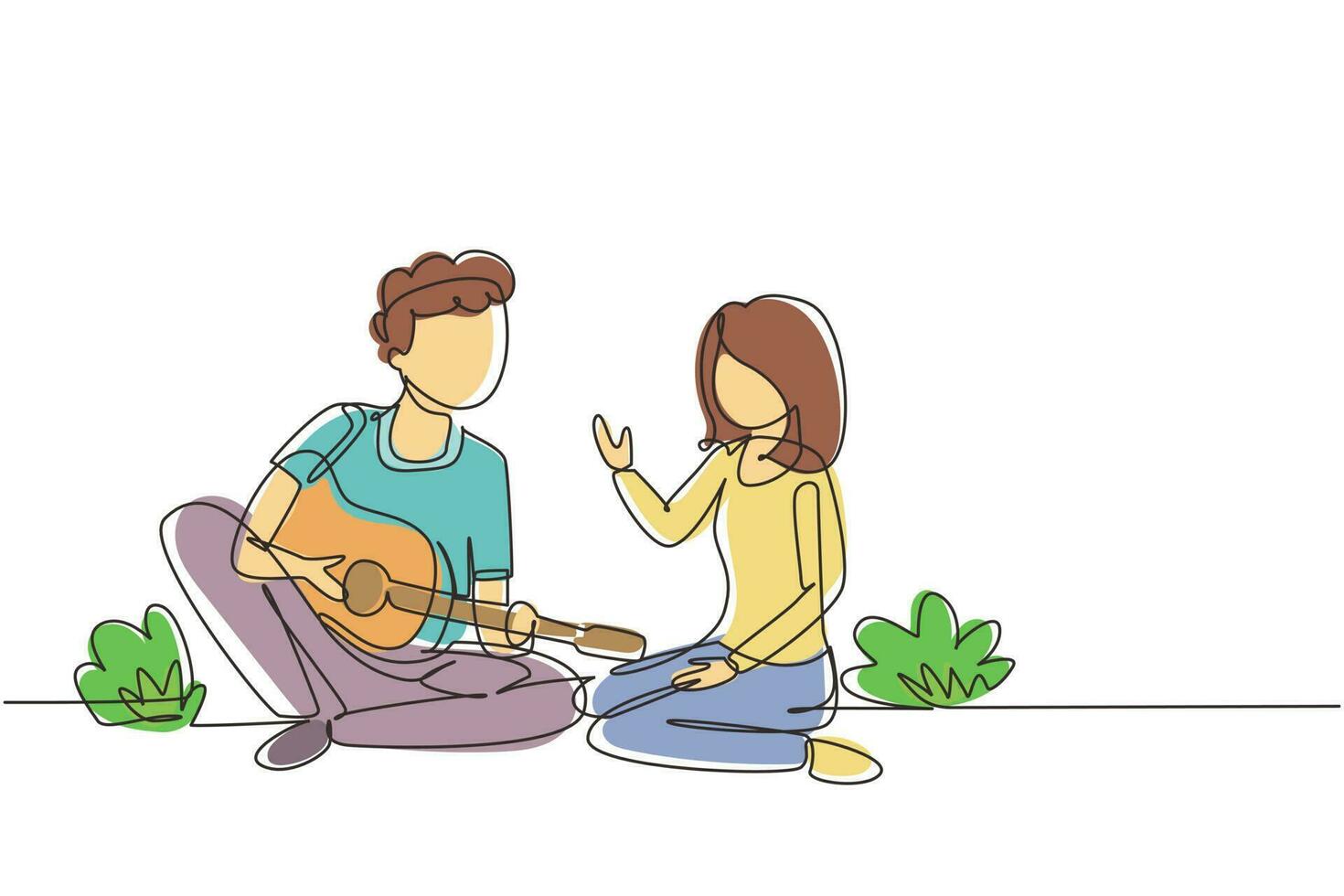 dibujo de una sola línea feliz pareja de amantes tiene un picnic en la naturaleza. hombre romántico tocando música en guitarra, chica escuchando y cantando juntos. ilustración de vector gráfico de diseño de dibujo de línea continua