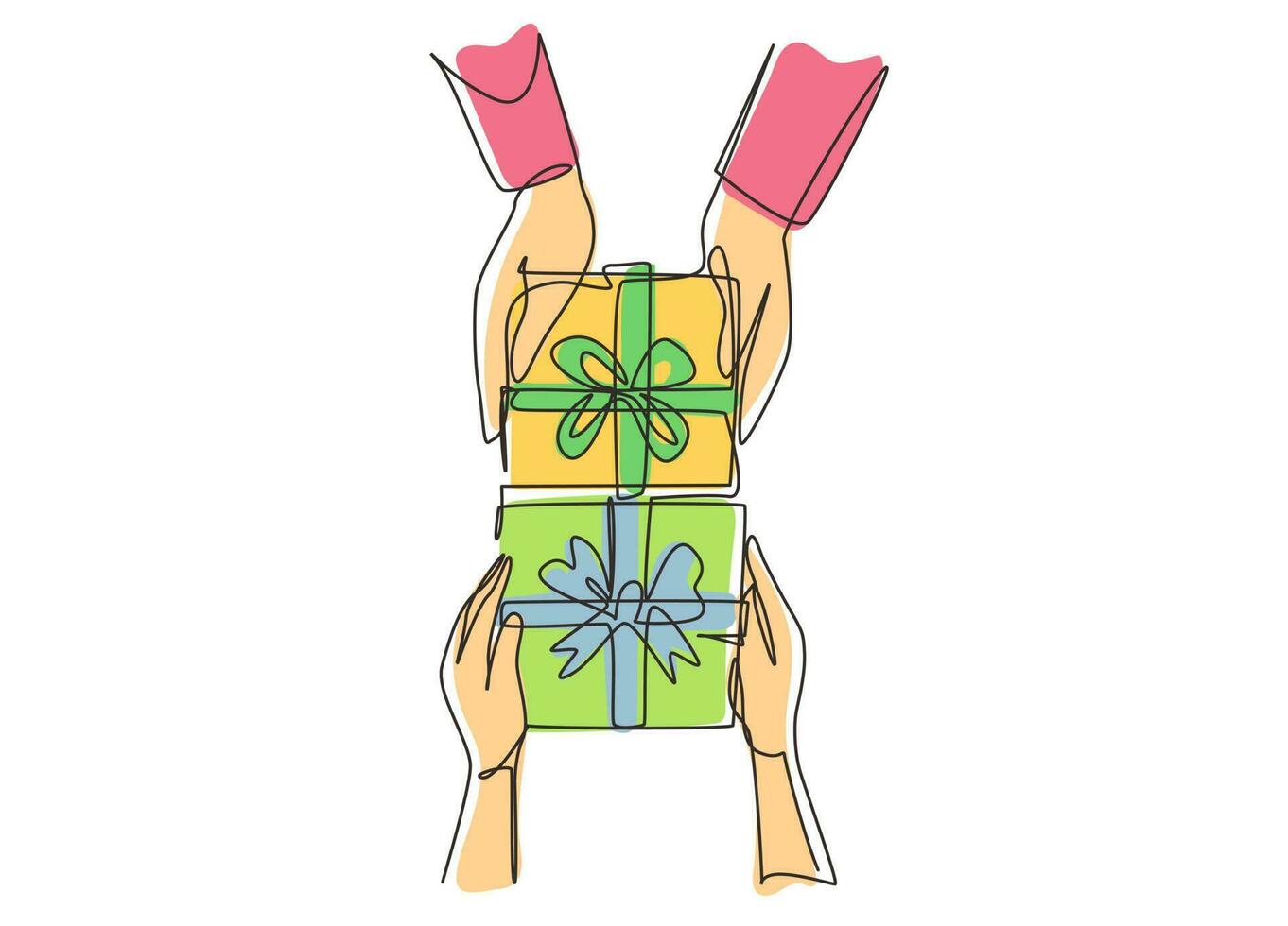 Single one line drawing gives gift new year presents laid on wooden table background. Birthday presents cardboard box with ribbon bow. Modern continuous line draw design graphic vector illustration