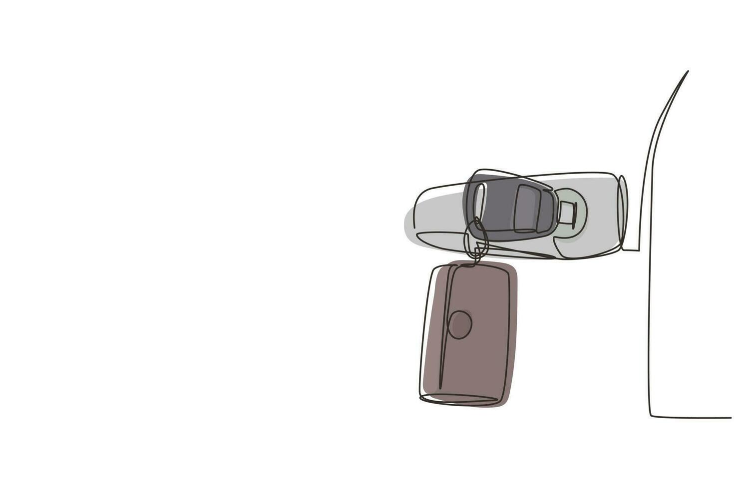 Continuous one line drawing car keys were plugged into car door. Sale, lease and purchase of cars. Auto rental concept. Suitable for vehicle business. Single line design vector graphic illustration