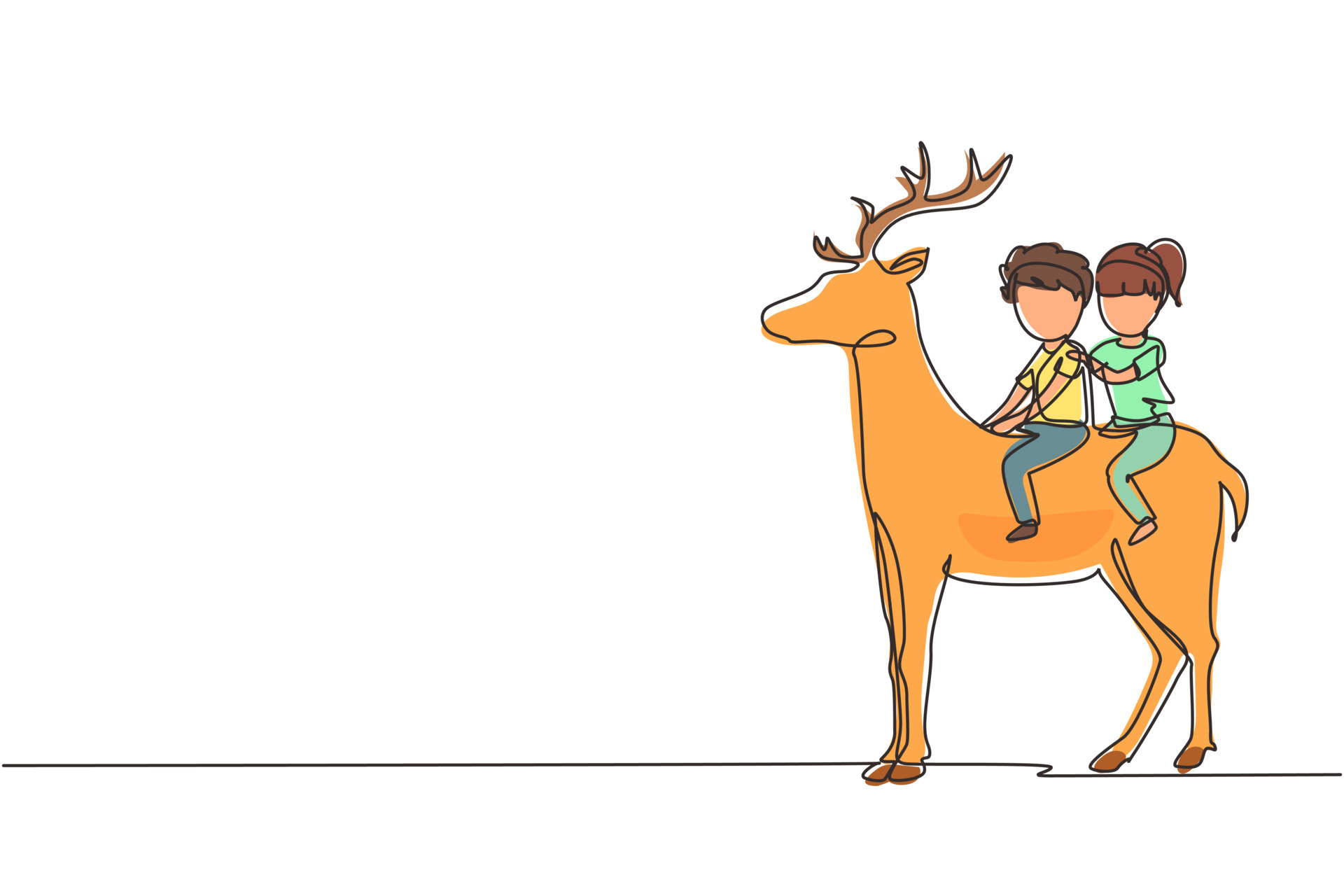 Continuous one line drawing happy boy and girl riding deer together ...