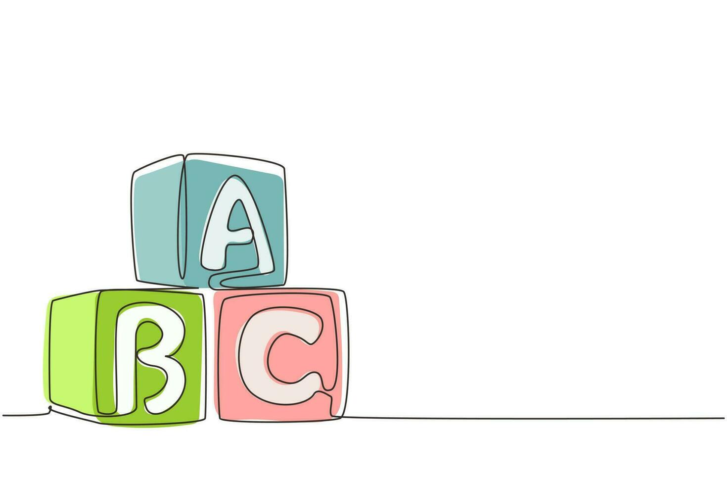 Single one line drawing alphabet cubes with letters ABC. Block building tower. ABC letters building blocks. Alphabet cubes with letters. Modern continuous line draw design graphic vector illustration