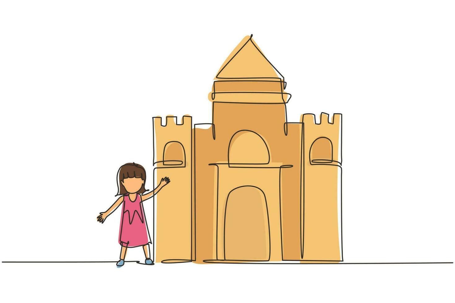 dibujo continuo de una línea chica alegre jugando en un castillo hecho de cajas de cartón. pequeña princesa medieval feliz. niño creativo jugando al castillo. ilustración gráfica de vector de diseño de dibujo de una sola línea