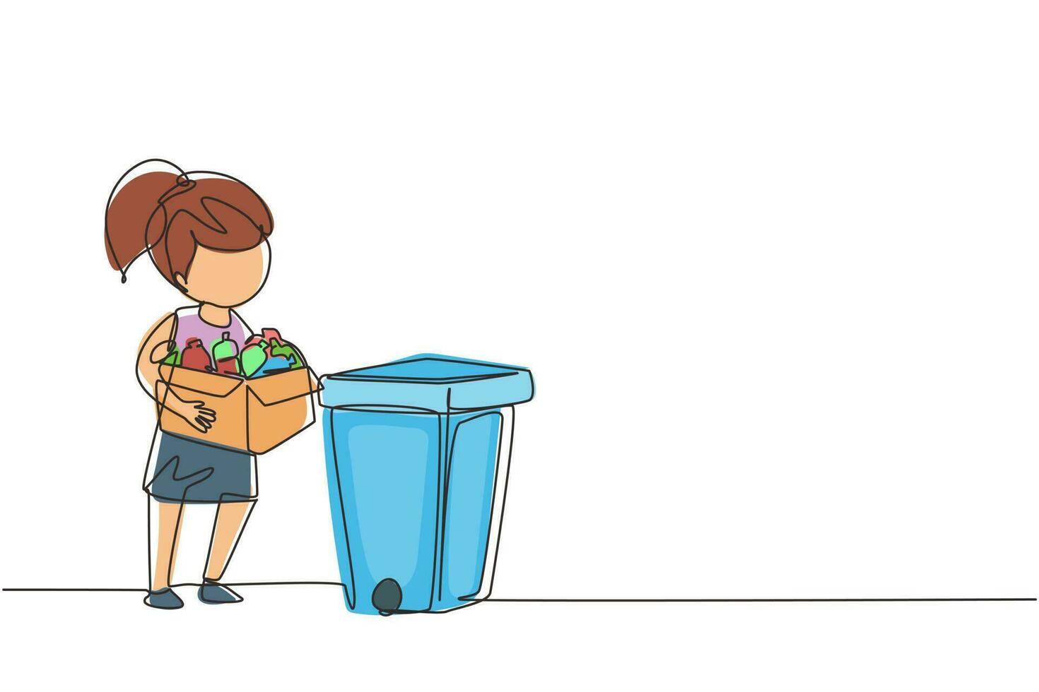 Single continuous line drawing girl gathering garbage and plastic waste for recycling. Kid picking up plastic bottles into garbage. Eco education. One line draw graphic design vector illustration