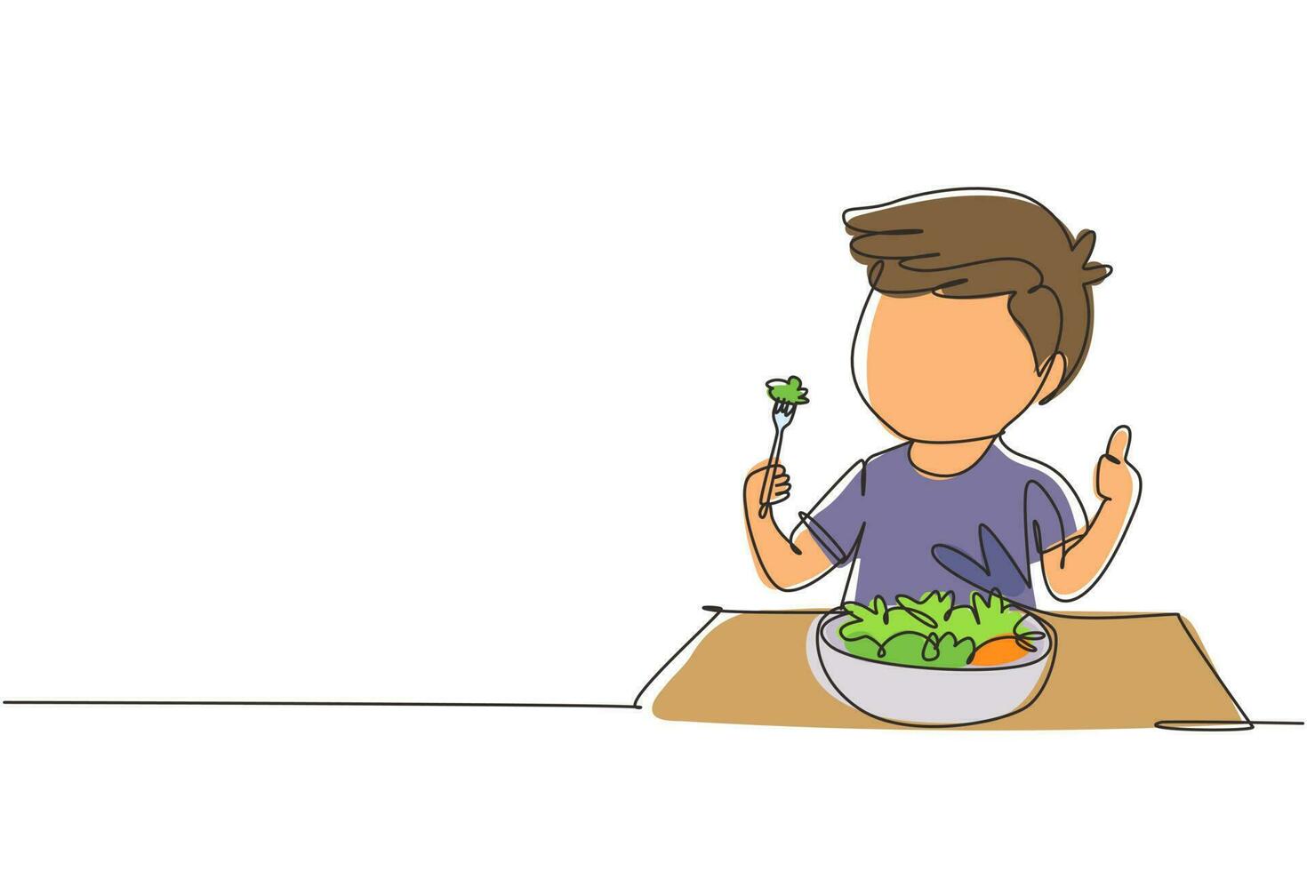 Single one line drawing little boy eating fresh vegetable salad and showing thumb up sign. Child eating salad. Healthy food for kids. Modern continuous line draw design graphic vector illustration