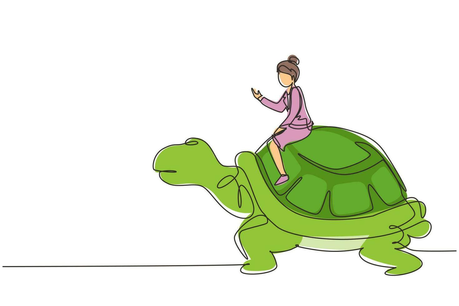 Continuous one line drawing businesswoman riding huge turtle. Slow movement to success, manager driving giant tortoise. Business competition concept. Single line design vector graphic illustration