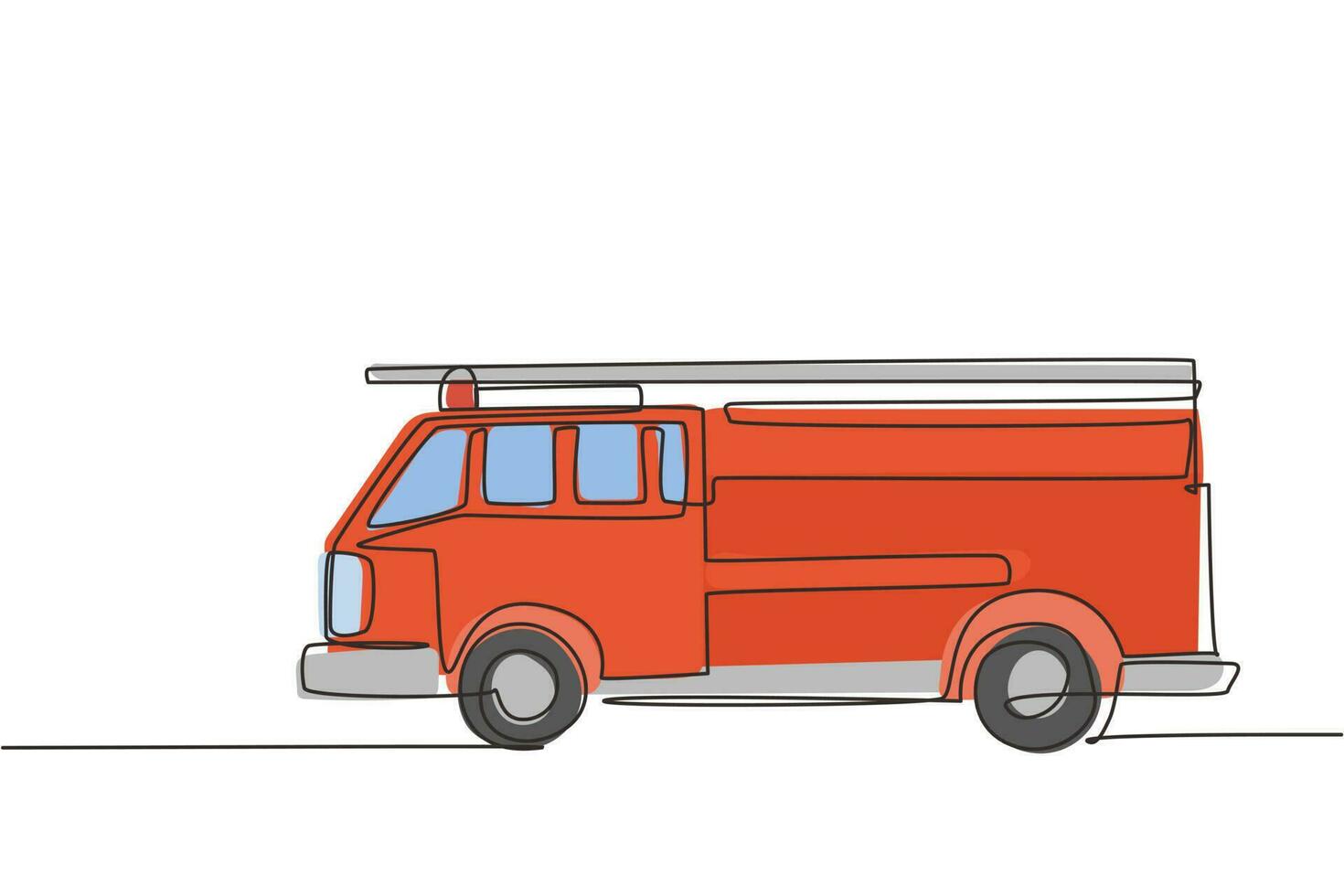 Continuous one line drawing fire engine icon logo. Firefighter truck automobile side view. Auto in flat design. Children's toy fire truck concept. Single line draw design vector graphic illustration
