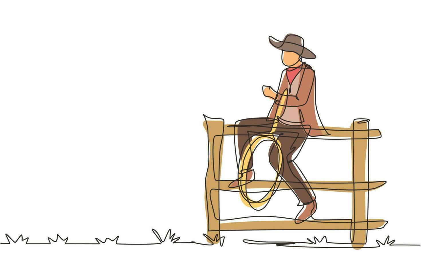 Single continuous line drawing American cowboy with lasso rope on wild west sunset landscape in the evening. Cowboy lifestyle in the stables. Dynamic one line draw graphic design vector illustration