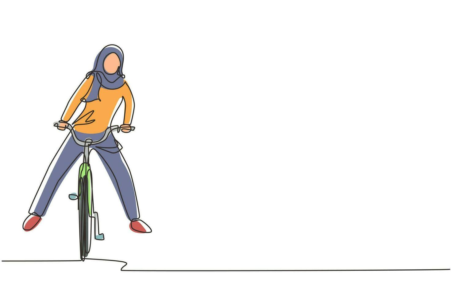 Single one line drawing happy Arabian woman in casual clothes riding bicycle. Healthy and sport lifestyle. Ecological vehicle of transportation. Continuous line draw design graphic vector illustration