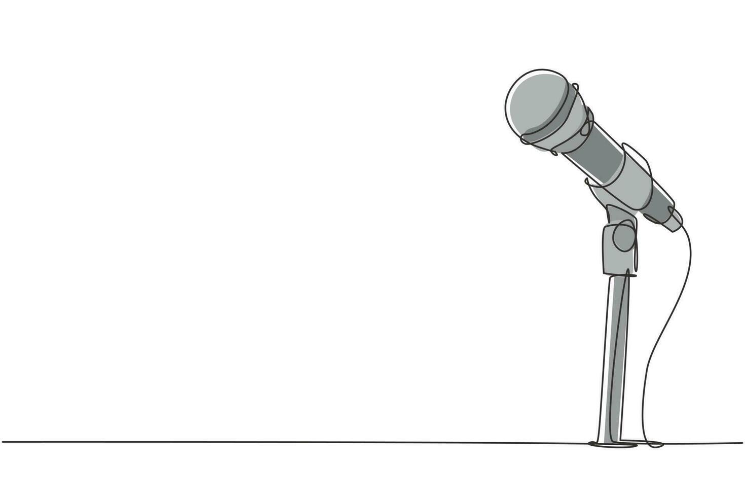 Single one line drawing microphone on stand. Mic on stand in musical television show. Singer karaoke sing song with standing microphone. Modern continuous line draw design graphic vector illustration