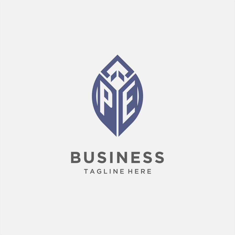 PE logo with leaf shape, clean and modern monogram initial logo design vector