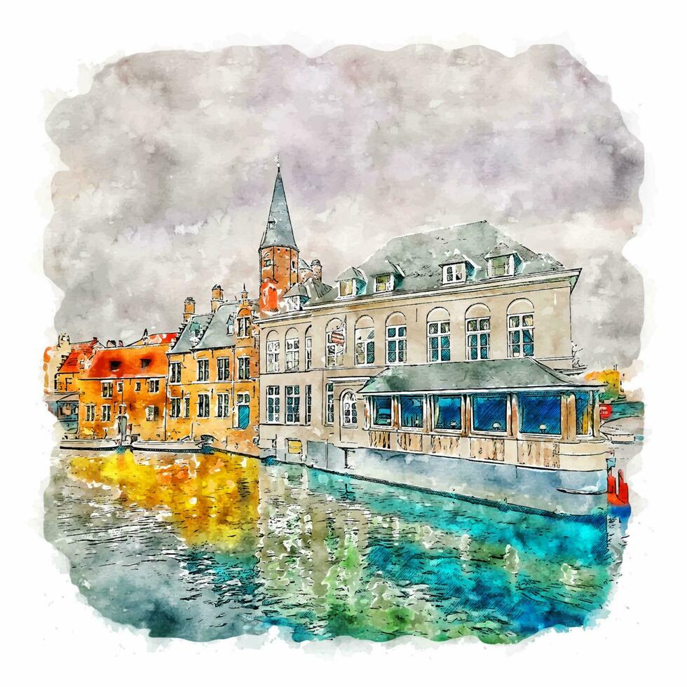 brugge bélgica acuarela boceto dibujado a mano ilustración vector