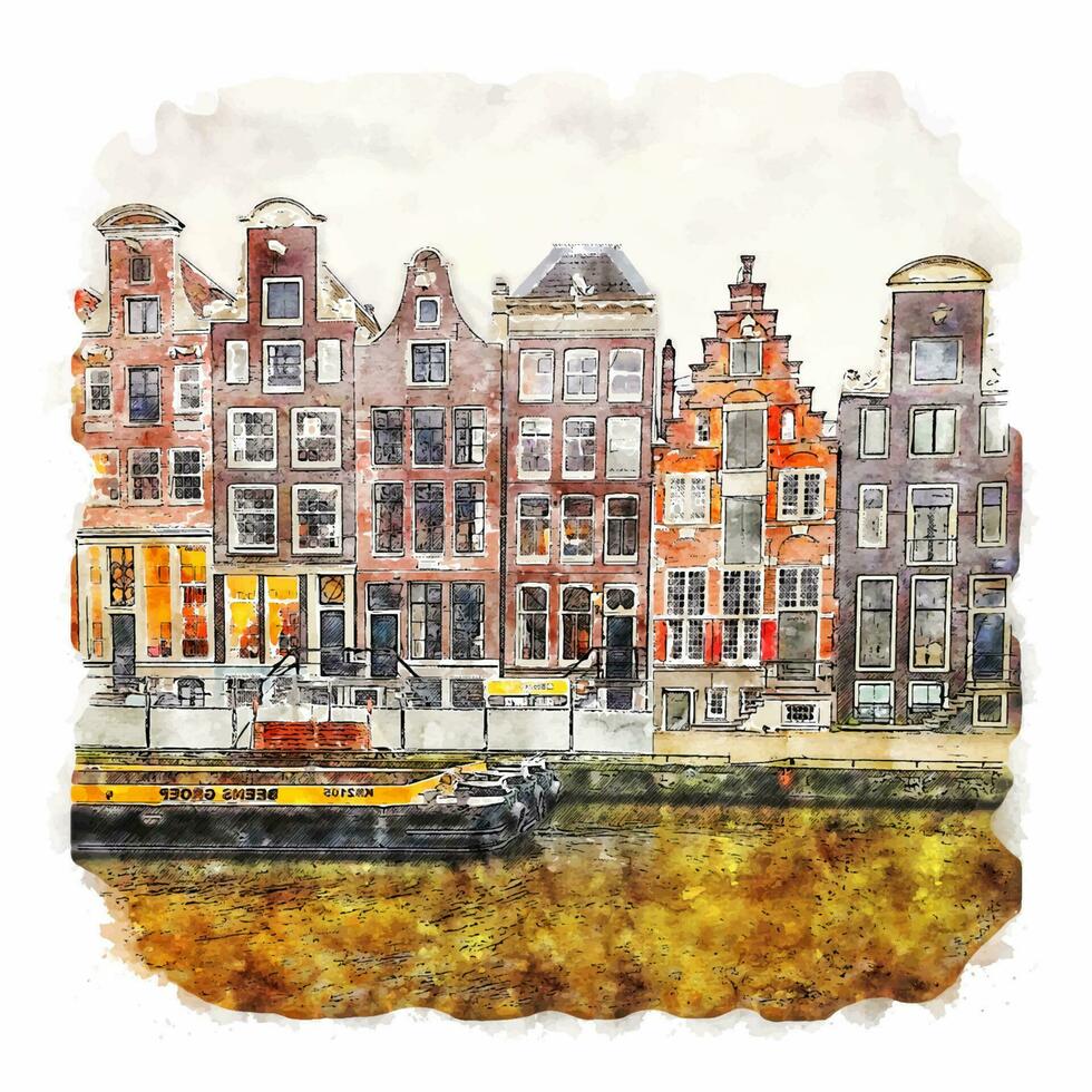 amsterdam países bajos acuarela boceto dibujado a mano ilustración vector