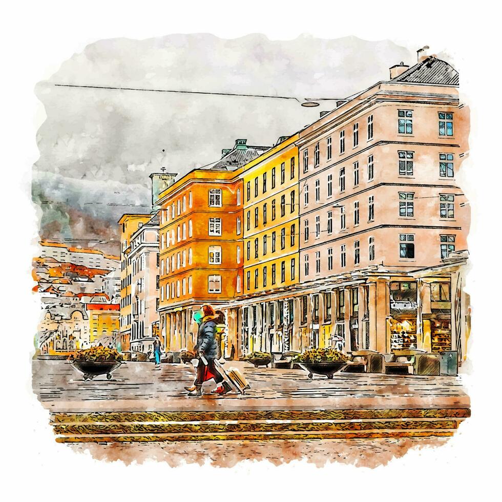 Bergen Hordaland Watercolor sketch hand drawn illustration vector