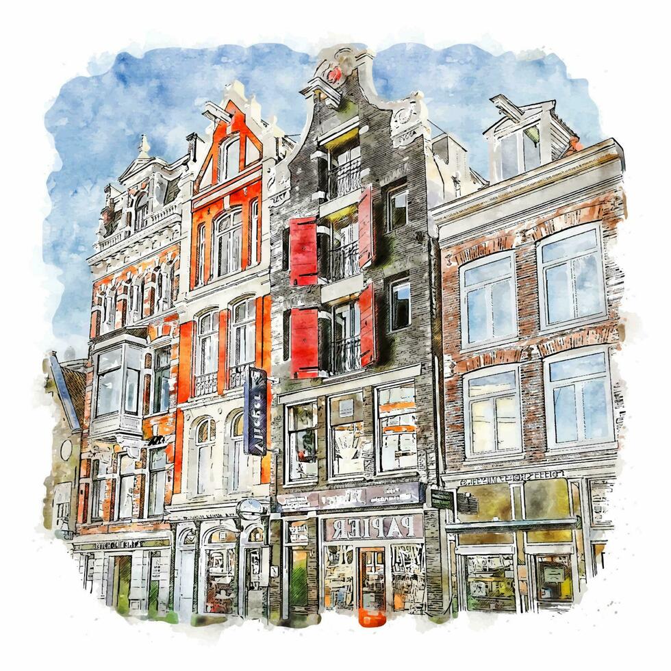 Amsterdam Netherlands Watercolor sketch hand drawn illustration vector