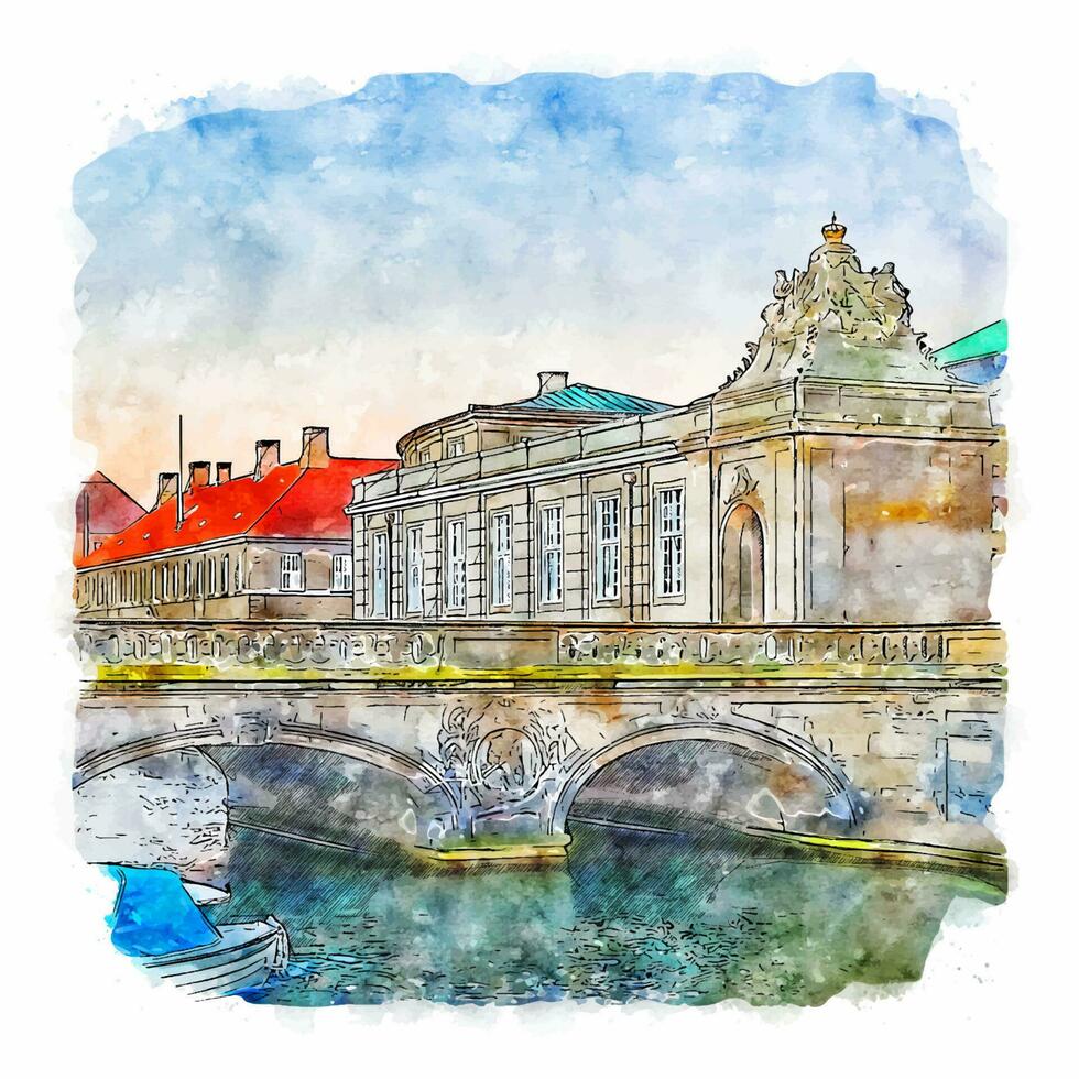 ilustración de dibujado a mano de bosquejo de acuarela de copenhague dinamarca vector