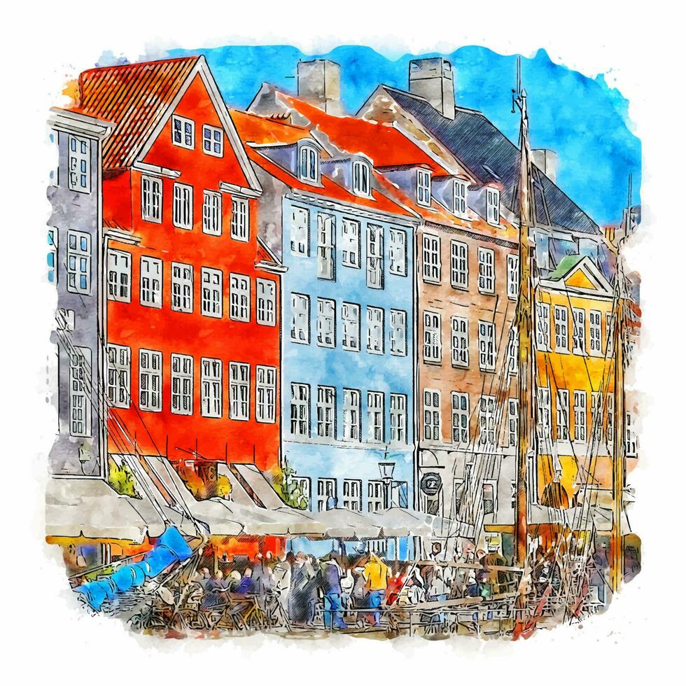 ilustración de dibujado a mano de bosquejo de acuarela de copenhague dinamarca vector