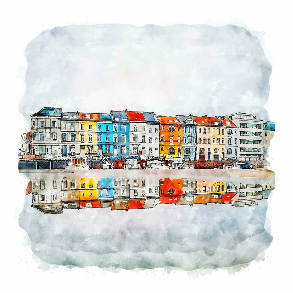 Copenhagen Denmark Watercolor sketch hand drawn illustration vector