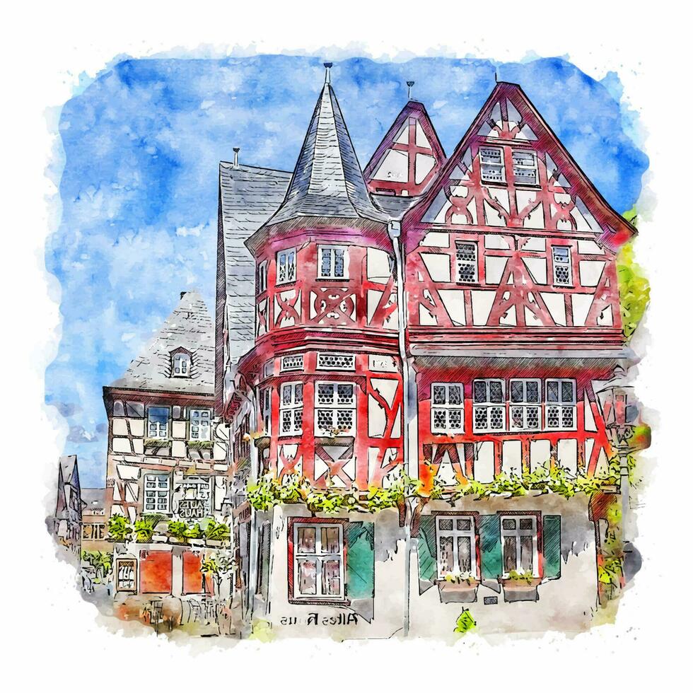 Bacharach Germany Watercolor sketch hand drawn illustration vector