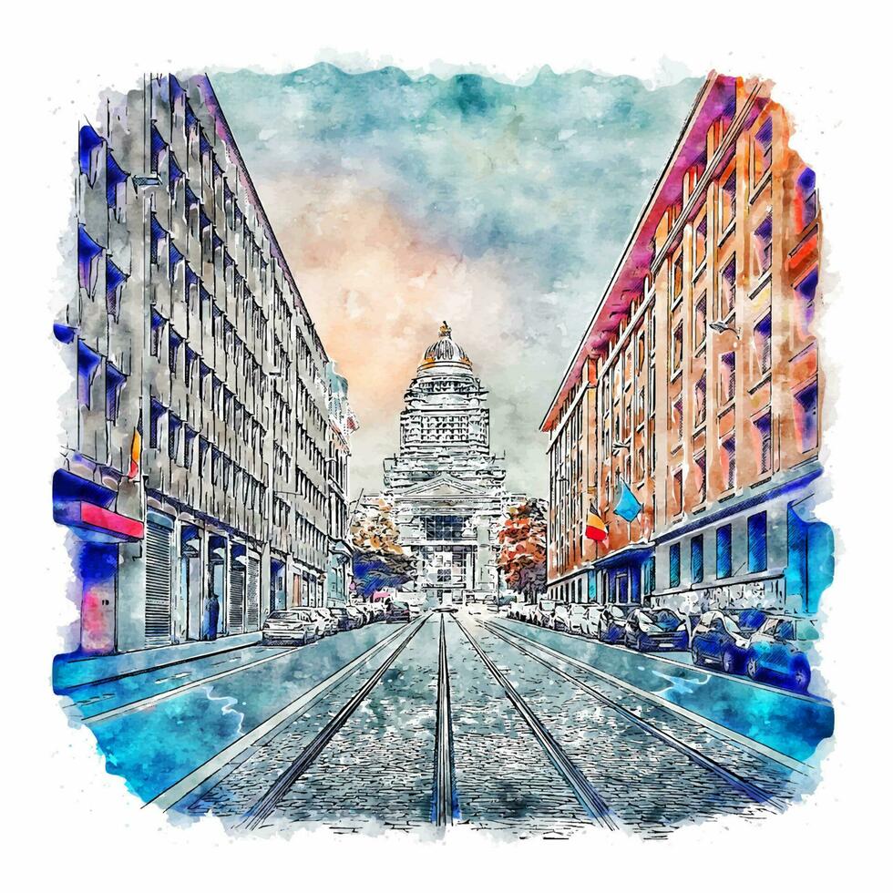 Brussels Belgium Watercolor sketch hand drawn illustration vector