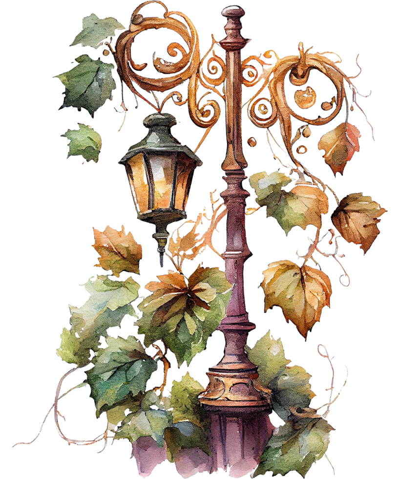 Retro Lamp Post And Vines watercolor png