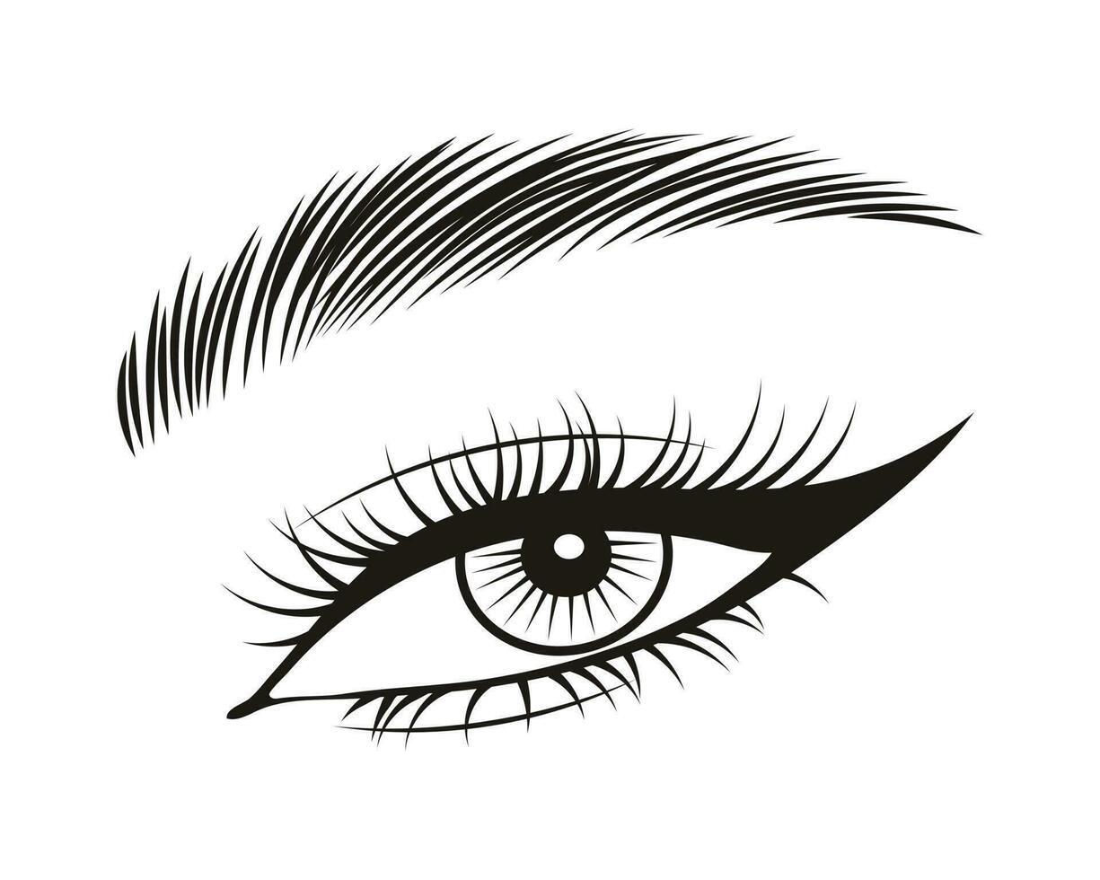 Black and white illustration of female eyes with long eyelashes and eyebrows. Beauty logo, eyelash salon logo vector