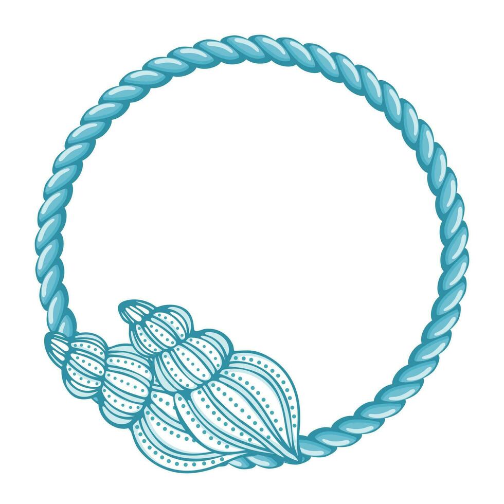 Blue sailor rope with hand drawn seashells isolated on white background. Marine background, frame vector