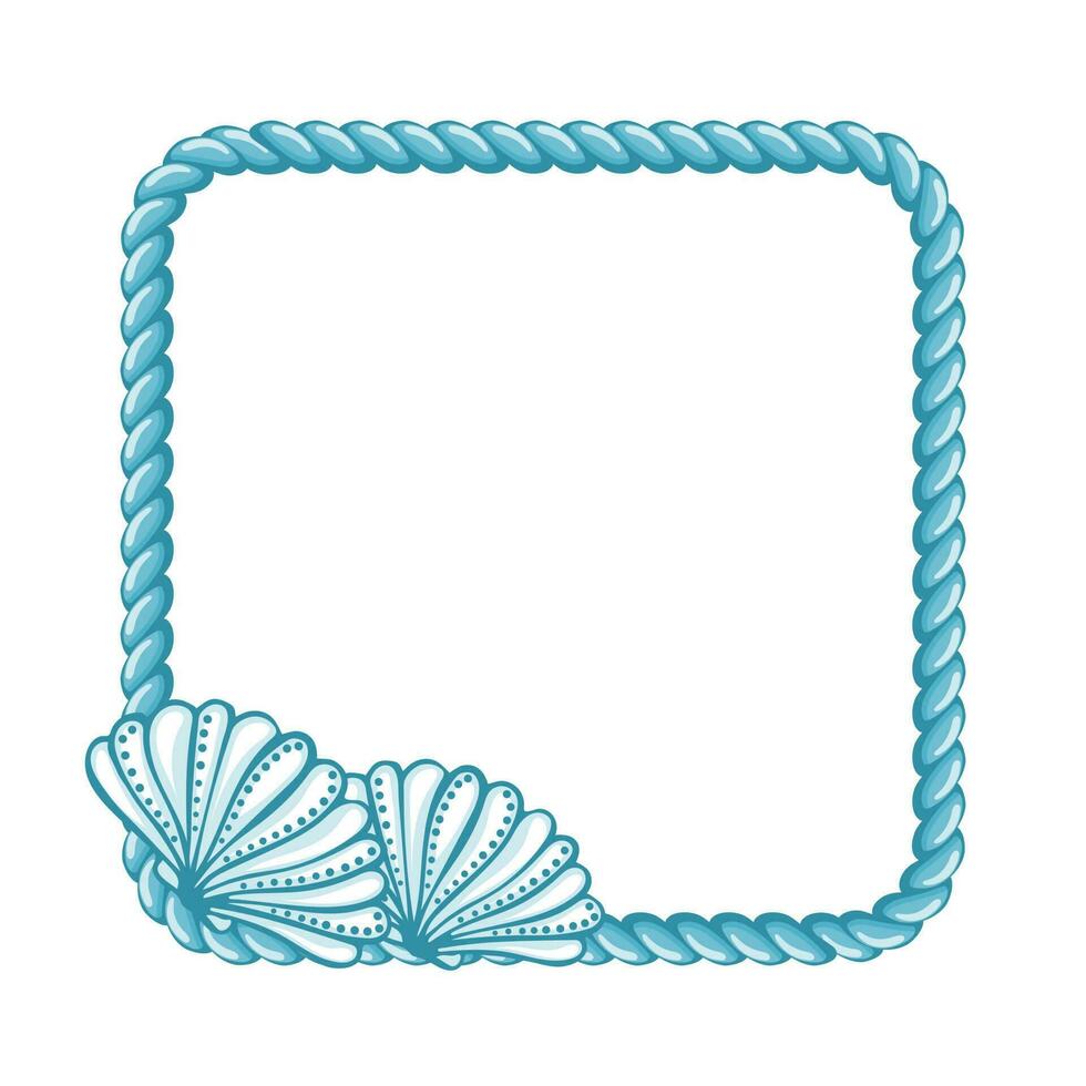 Blue sailor rope with hand drawn seashells isolated on white background. Marine background, frame vector